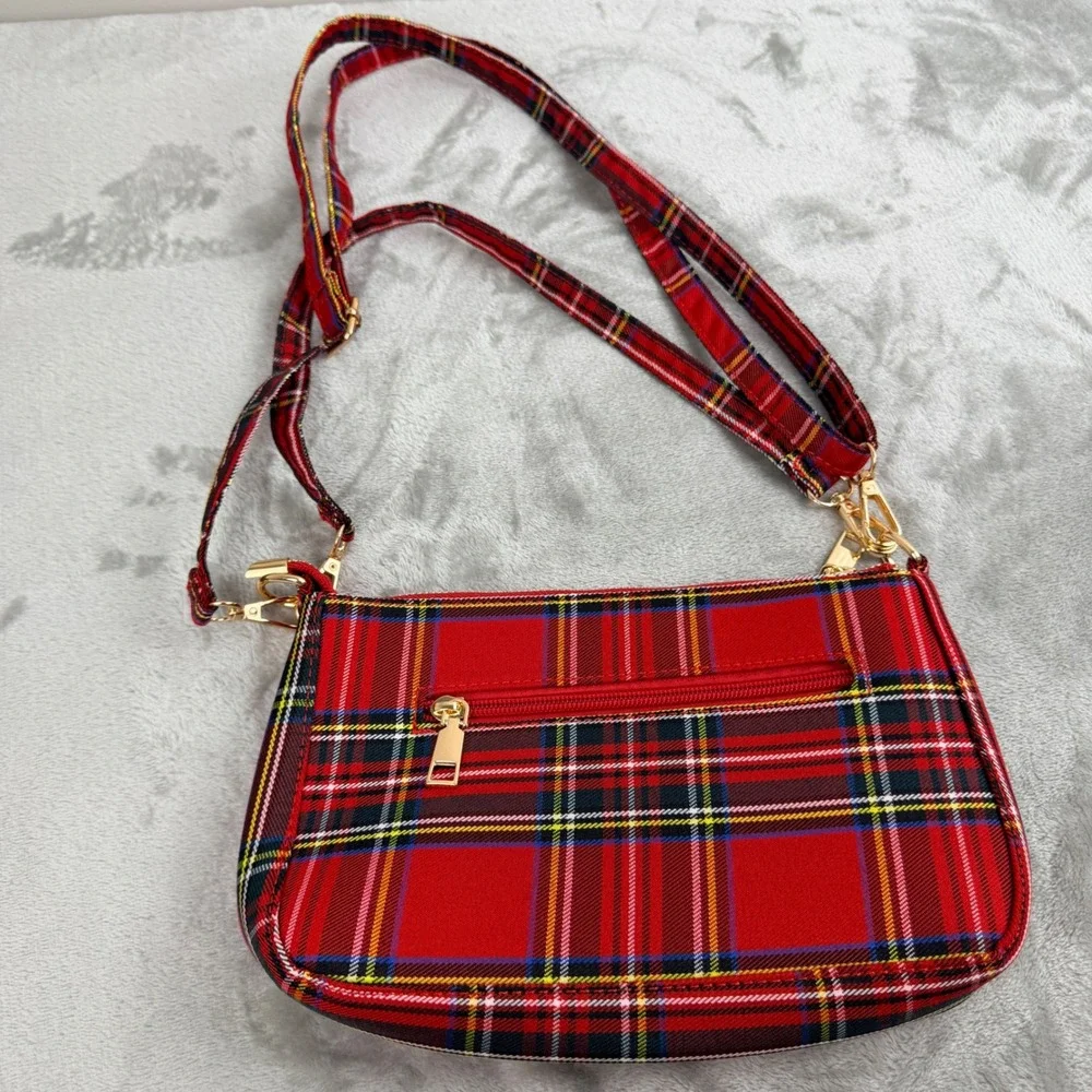 Red Plaid‎ Tartan Crossbody Bag Small Shoulder Purse Gold Hardware